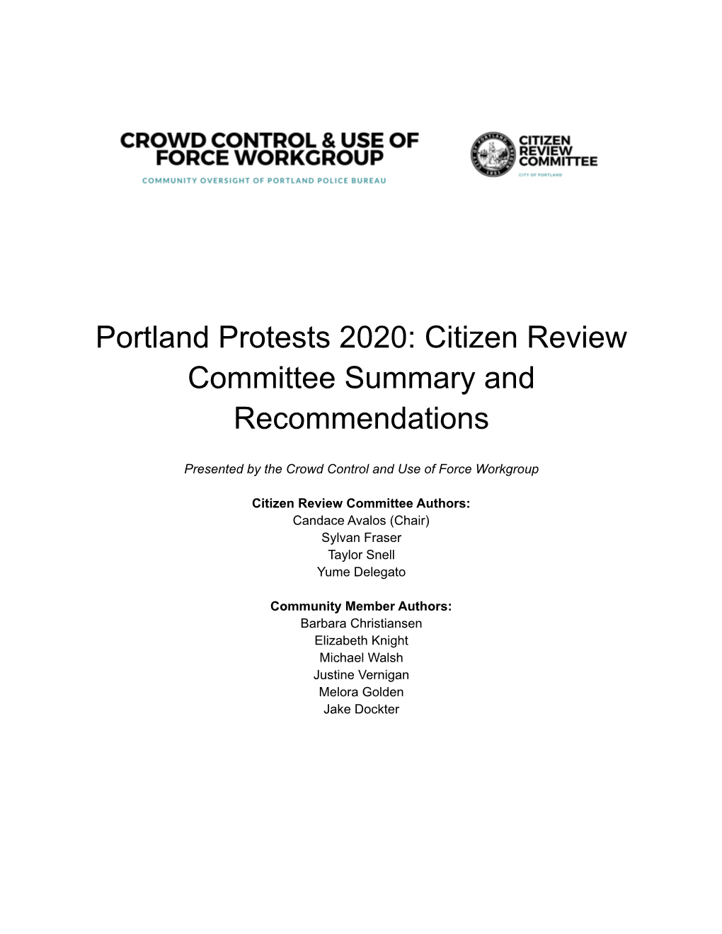 [FINAL] Portland Protests 2020: CRC Summary and Recommendations