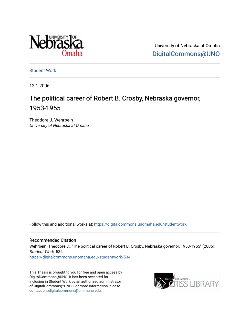 The Political Career of Robert B. Crosby, Nebraska Governor, 1953-1955