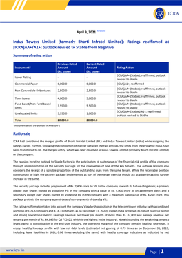 Indus Towers Limited (Formerly Bharti Infratel Limited): Ratings Reaffirmed at [ICRA]AA+/A1+; Outlook Revised to Stable from Negative