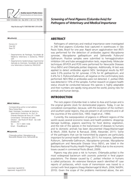 Screening of Feral Pigeons (Columba Livia) for Pathogens of Veterinary and Medical Importance