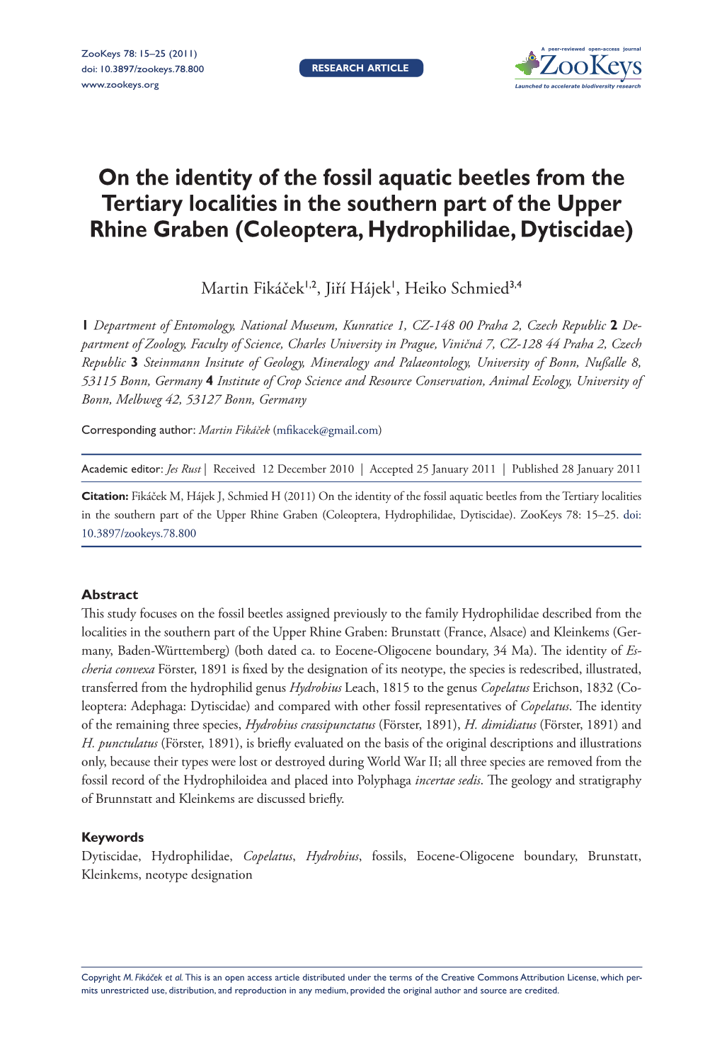 On the Identity of the Fossil Aquatic Beetles from the Tertiary Localities in the Southern Part of the Upper Rhine Graben (Coleoptera, Hydrophilidae, Dytiscidae)