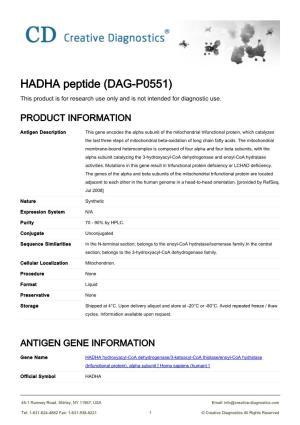 HADHA Peptide (DAG-P0551) This Product Is for Research Use Only and Is Not Intended for Diagnostic Use
