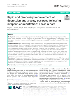 Rapid and Temporary Improvement of Depression and Anxiety Observed Following Niraparib Administration: a Case Report Benjamin E