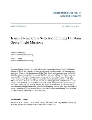Issues Facing Crew Selection for Long Duration Space Flight Missions