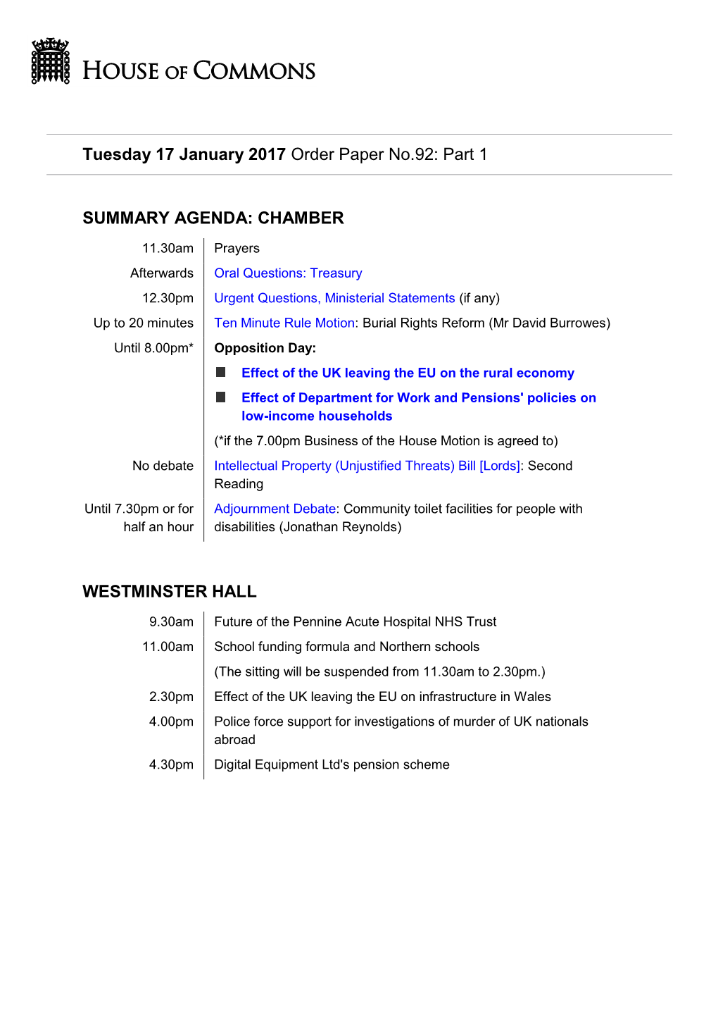 Part 1 SUMMARY AGENDA