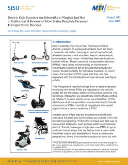 Electric Kick Scooters on Sidewalks in Virginia but Not Project 1713 in California? a Review of How States Regulate Personal June 2018 Transportation Devices