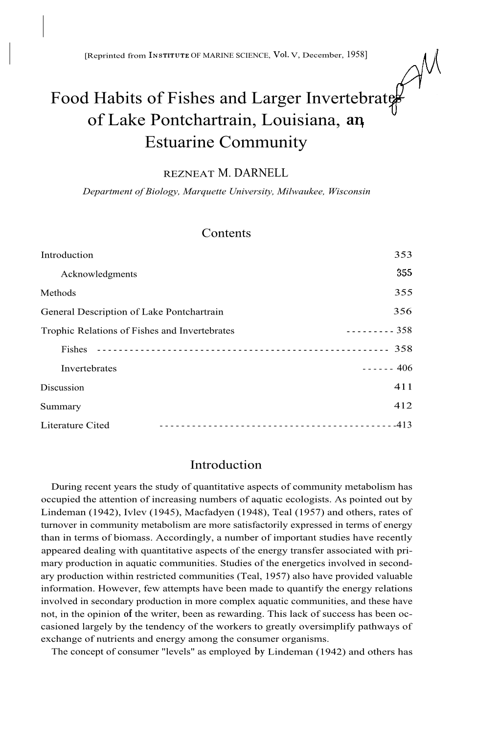 Food Habits of Fishes and Larger Invertebrat of Lake Pontchartrain, Louisiana, A.4 Estuarine Community