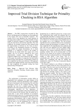 Improved Trial Division Technique for Primality Checking in RSA Algorithm