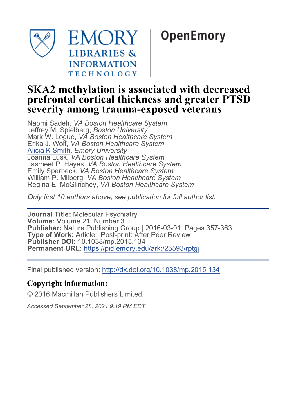 SKA2 Methylation Is Associated with Decreased Prefrontal Cortical