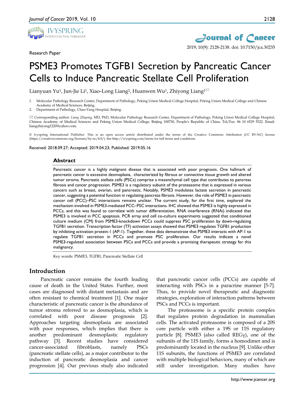 PSME3 Promotes TGFB1 Secretion by Pancreatic Cancer Cells to Induce