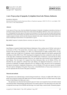 Zootaxa,A New Tropocyclops (Copepoda, Cyclopidae) from Lake