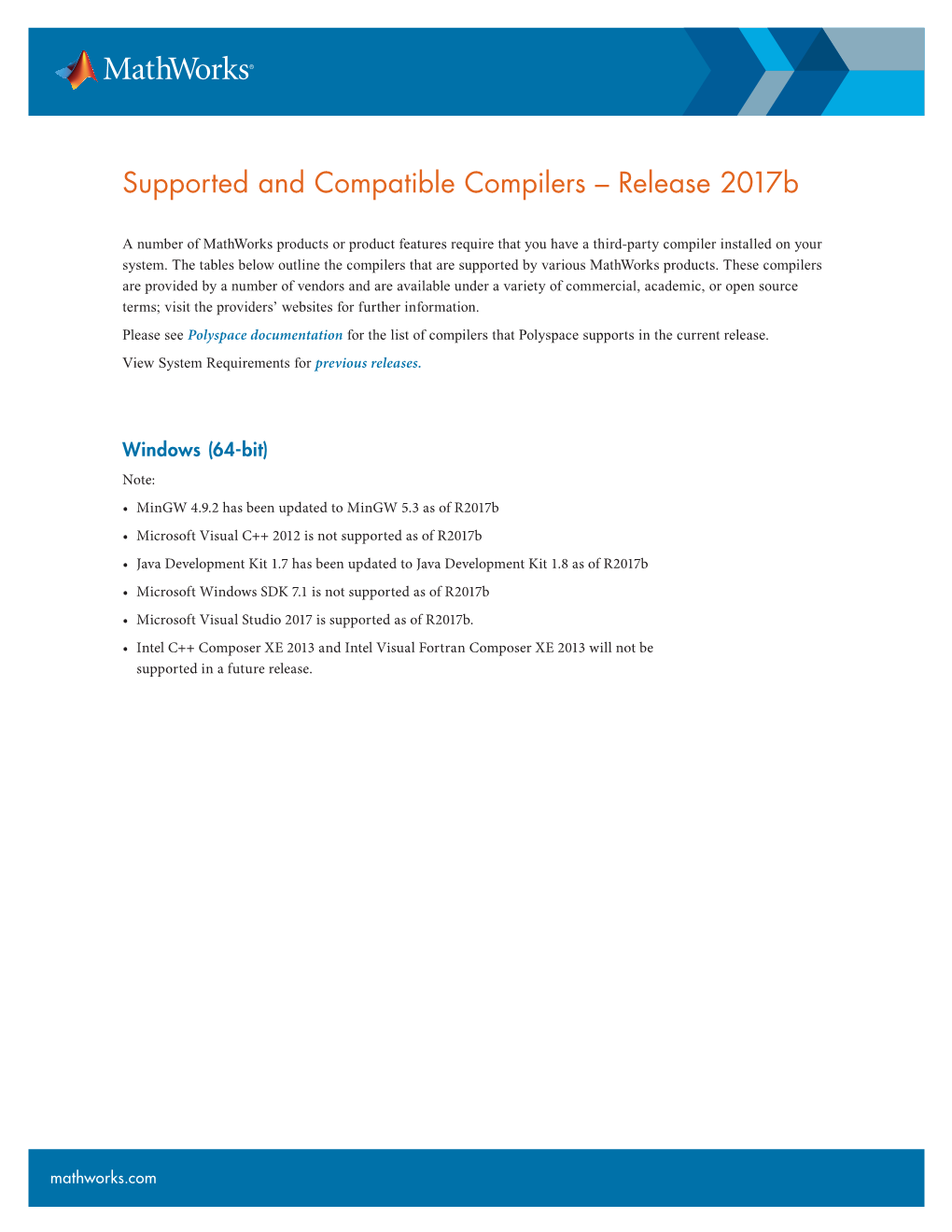 Supported and Compatible Compilers – Release 2017B