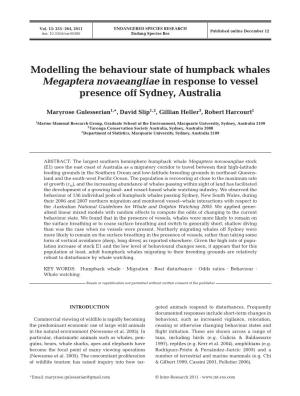 Modelling the Behaviour State of Humpback Whales Megaptera Novaeangliae in Response to Vessel Presence Off Sydney, Australia