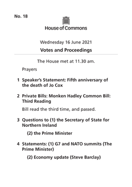 Votes and Proceedings for 16 Jun 2021