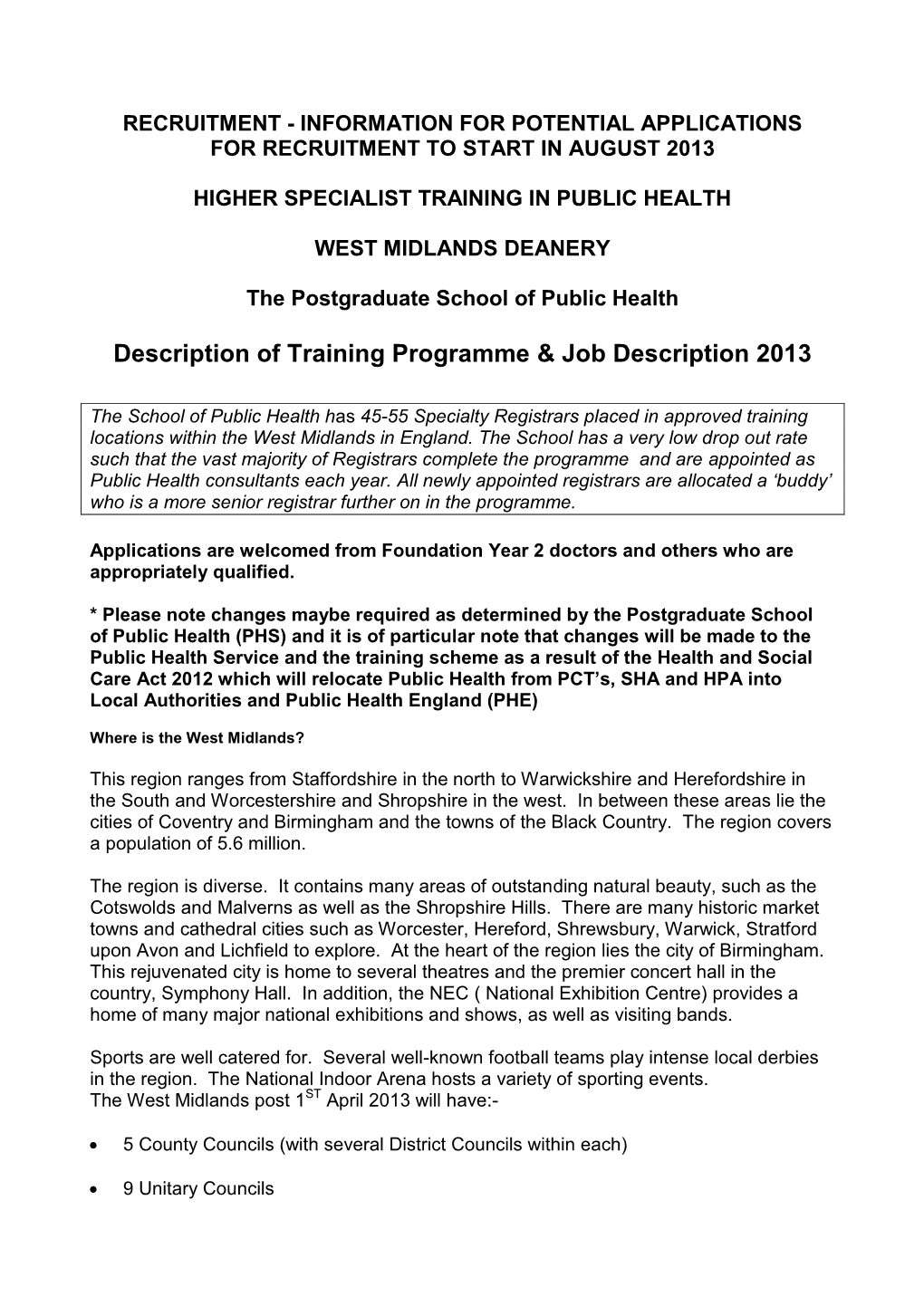 Description of Training Programme & Job