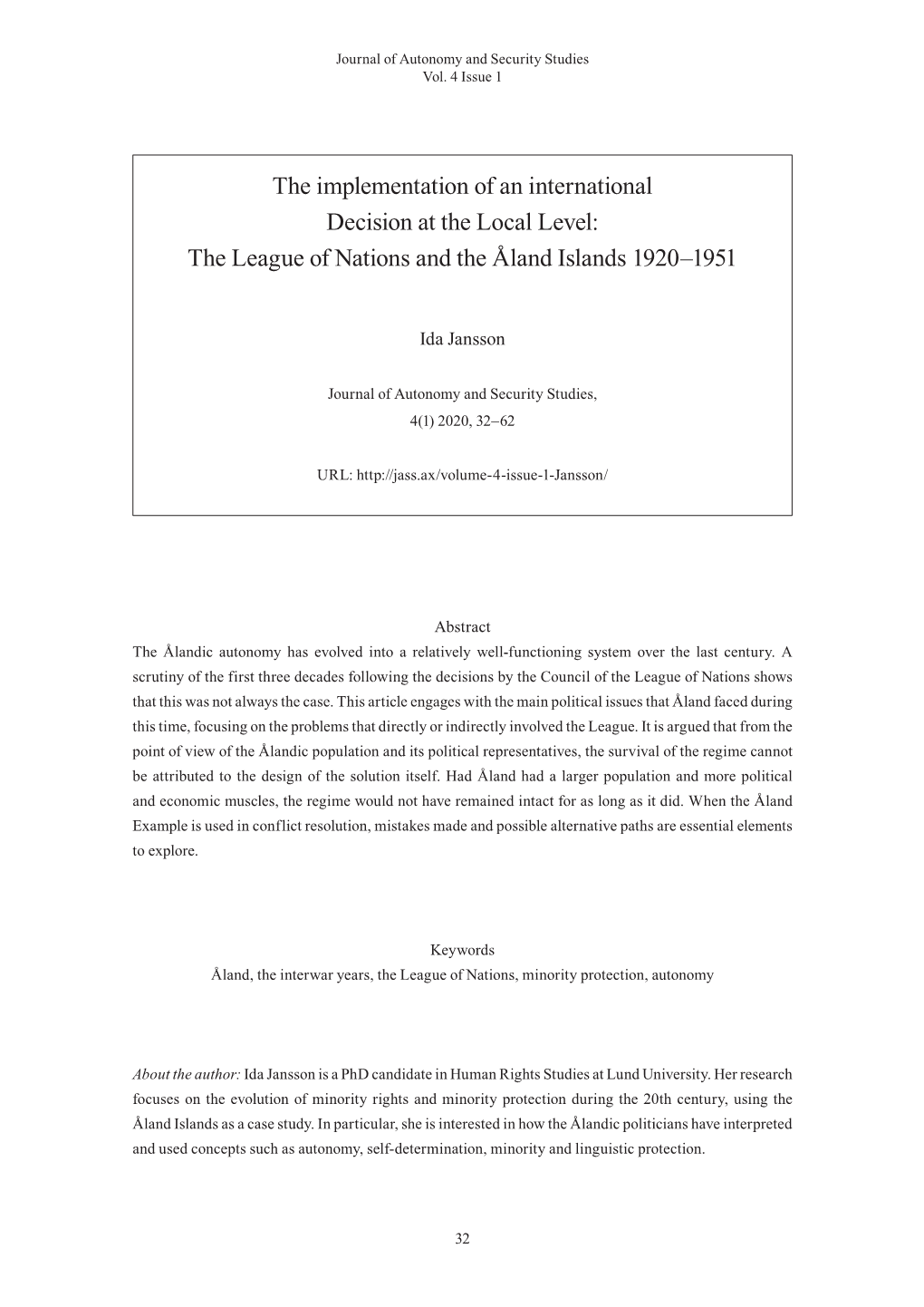 The League of Nations and the Åland Islands 1920–1951