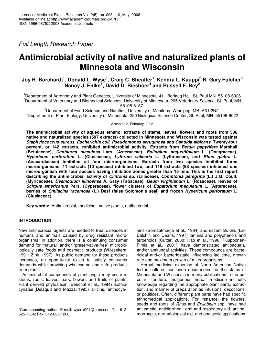 Antimicrobial Activity of Native and Naturalized Plants of Minnesota and Wisconsin
