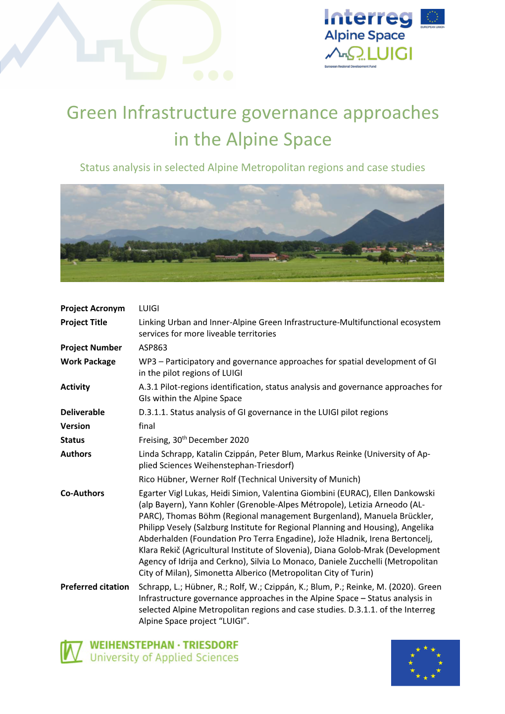 Green Infrastructure Governance Approaches in the Alpine Space Status Analysis in Selected Alpine Metropolitan Regions and Case Studies