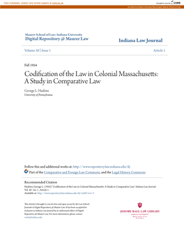 Codification of the Law in Colonial Massachusetts: a Study in Comparative Law George L