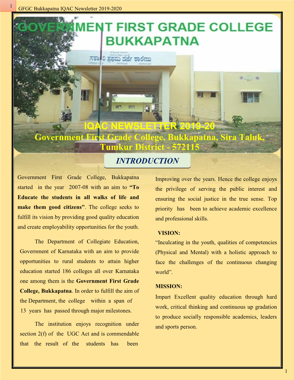 GFGC Bukkapatna IQAC Newsletter 2019-2020