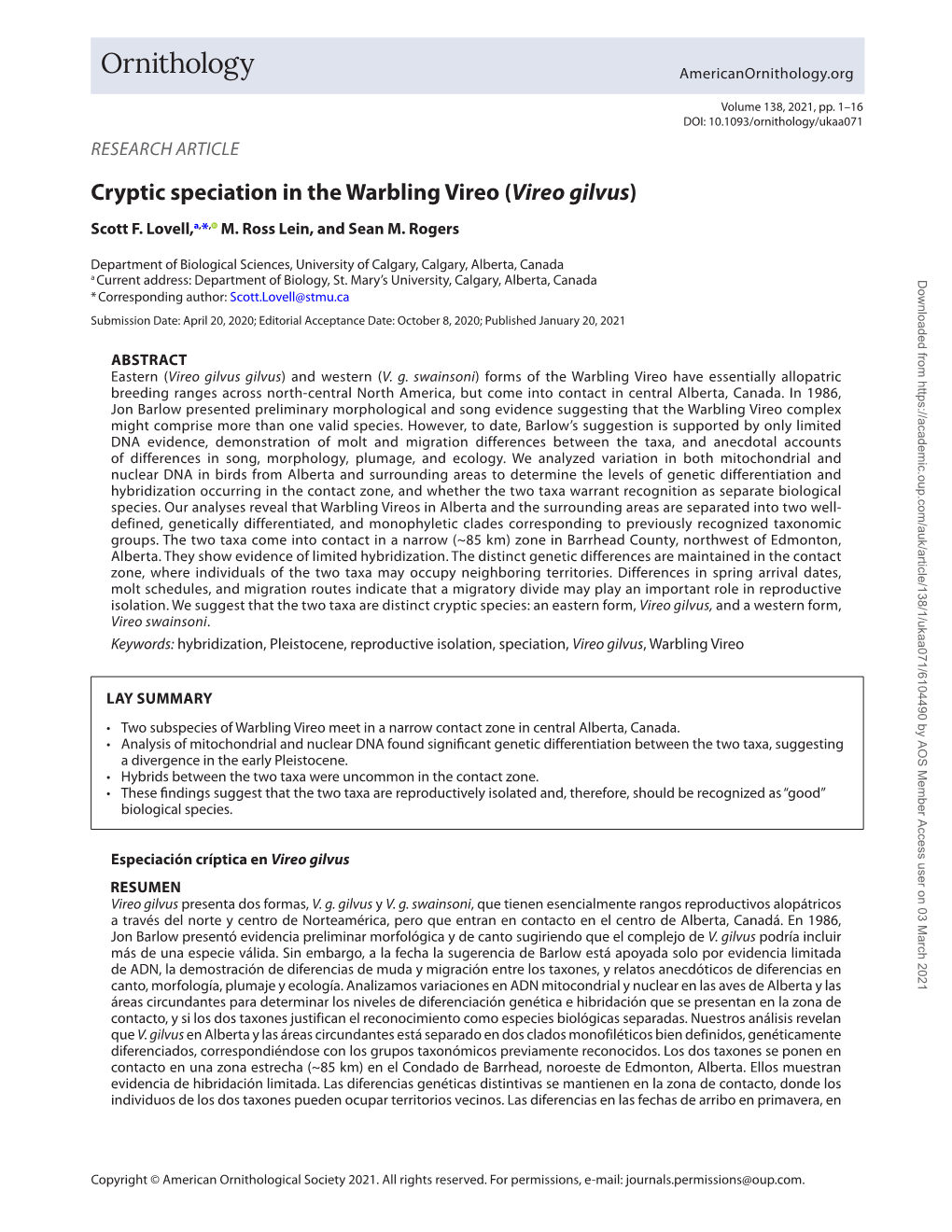 Cryptic Speciation in the Warbling Vireo (Vireo Gilvus) Scott F