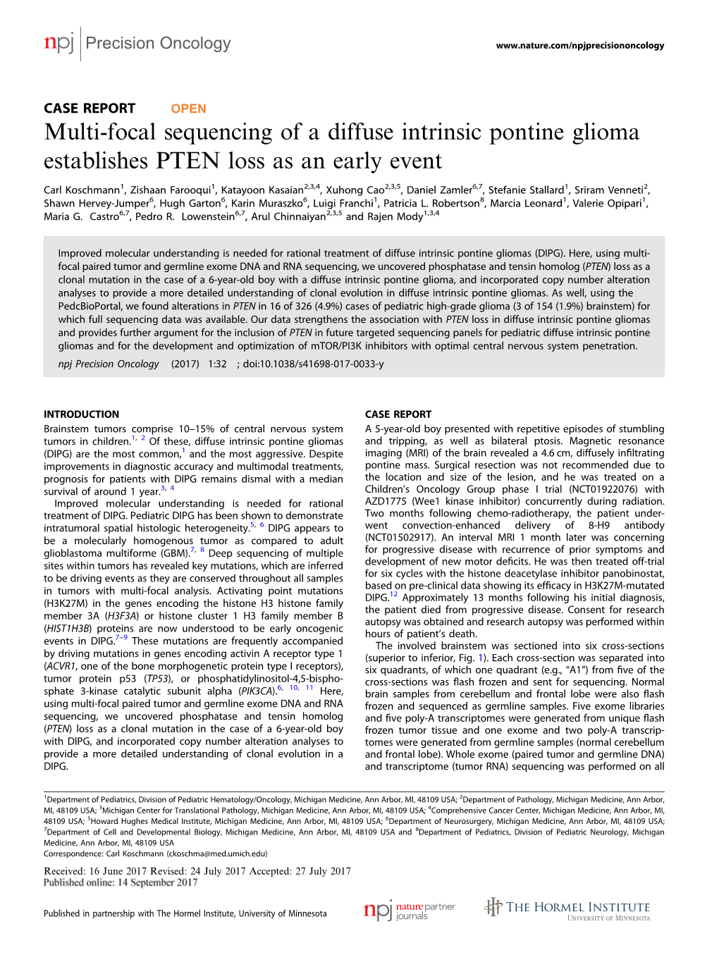 Multi-Focal Sequencing of a Diffuse Intrinsic Pontine Glioma Establishes PTEN Loss As an Early Event