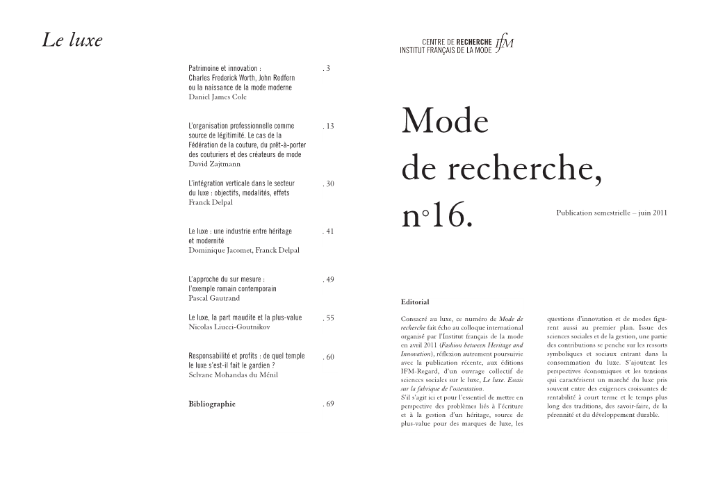 Mode De Recherche, N°16. Juin 2011, Publication Semestrielle