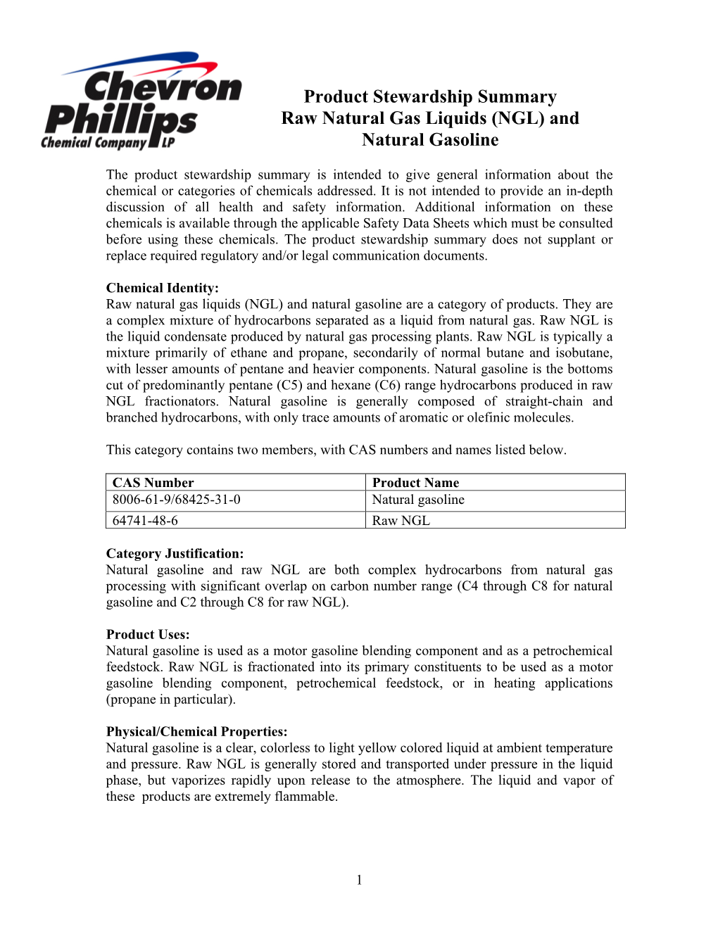 Raw NGL and Natural Gasoline Products to Persons in a Manufacturing Facility Or Through Various Industrial Applications