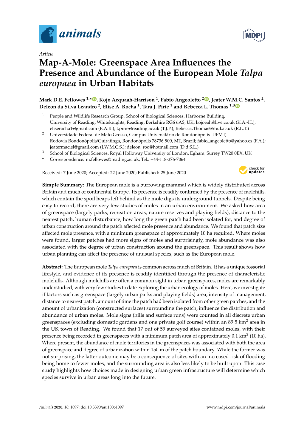 Map-A-Mole: Greenspace Area Influences the Presence and Abundance of the European Mole Talpa Europaea in Urban Habitats