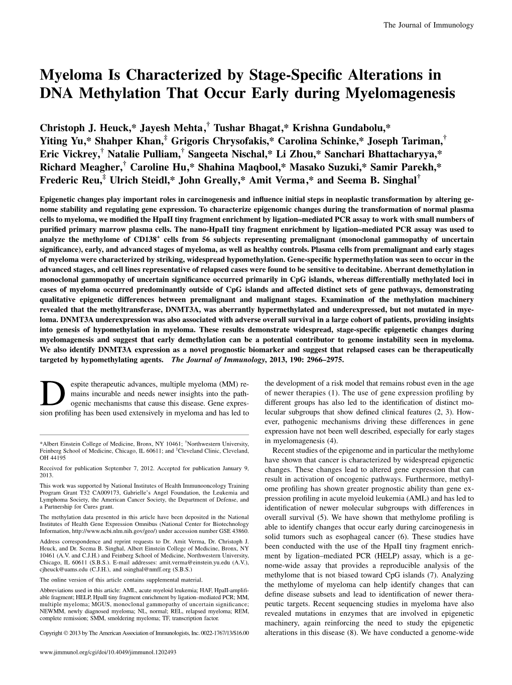 Early During Myelomagenesis Alterations in DNA Methylation That Occur Myeloma Is Characterized by Stage-Specific