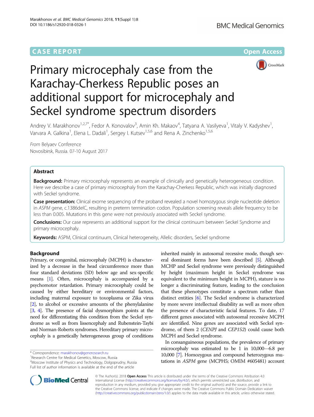 Primary Microcephaly Case from the Karachay-Cherkess Republic Poses an Additional Support for Microcephaly and Seckel Syndrome Spectrum Disorders Andrey V