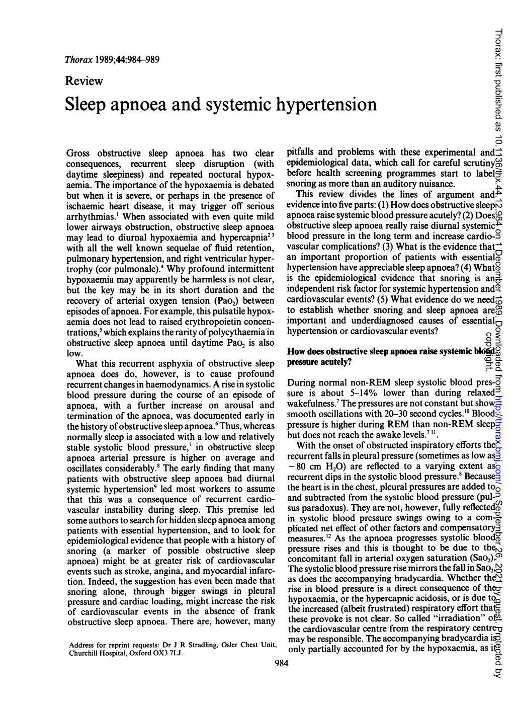 Sleep Apnoea and Systemic Hypertension