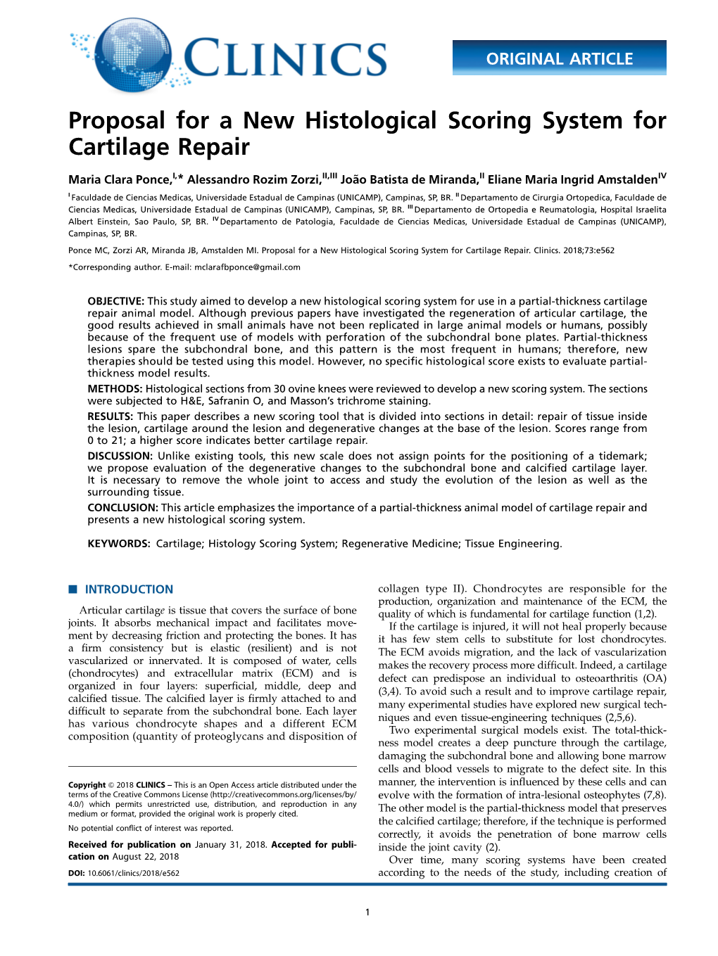 Proposal for a New Histological Scoring System for Cartilage Repair