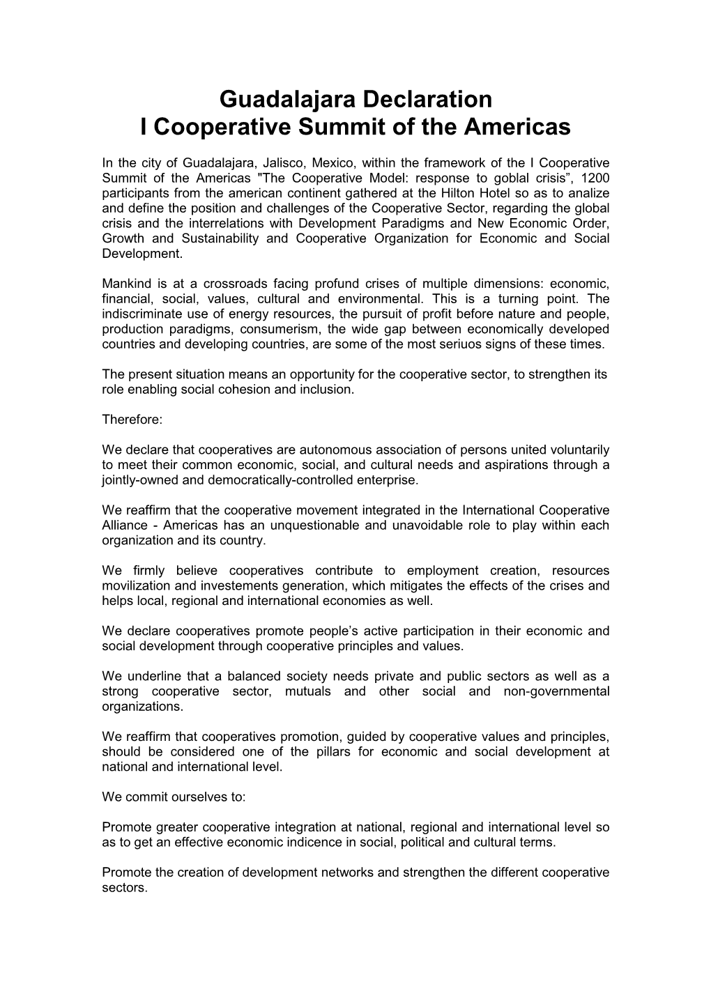 Guadalajara Declaration I Cooperative Summit of the Americas