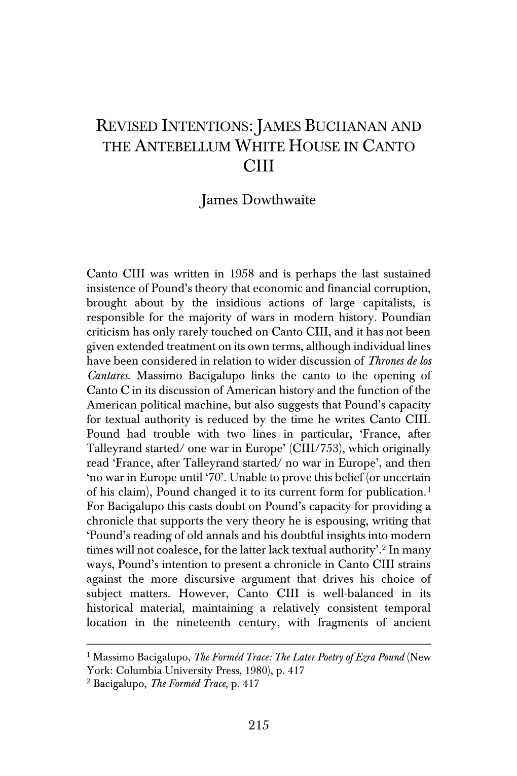 Revised Intentions: James Buchanan and the Antebellum White House in Canto Ciii