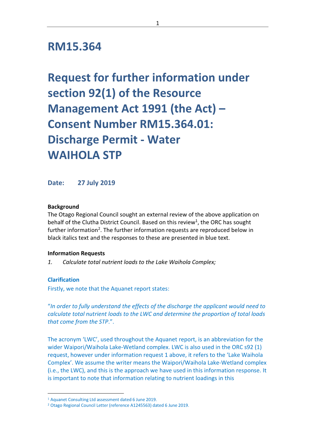 RM15.364 Request for Further Information Under Section 92(1) Of