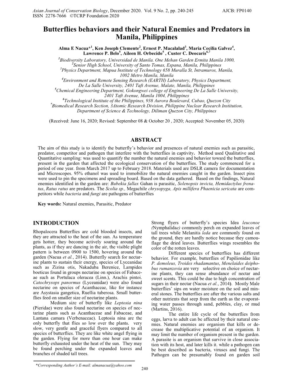 Butterflies Behaviors and Their Natural Enemies and Predators in Manila, Philippines