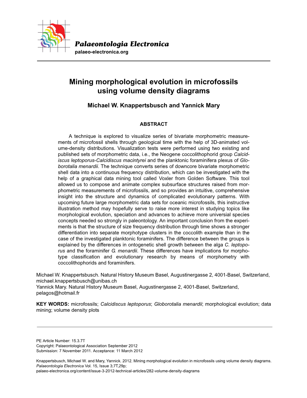 Mining Morphological Evolution in Microfossils Using Volume Density Diagrams