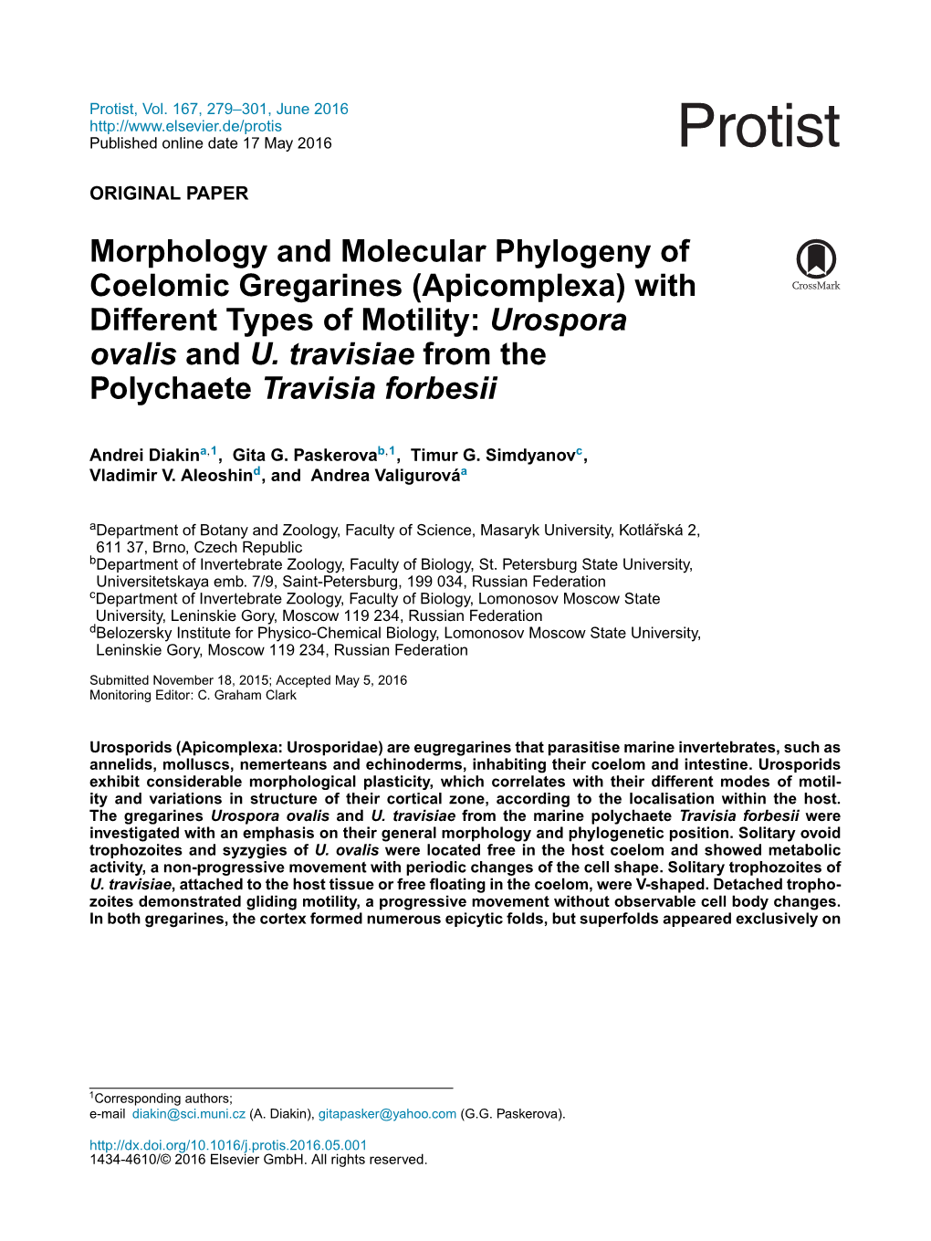 (Apicomplexa) with Different Types of Motility: Urospora Ovalis and U