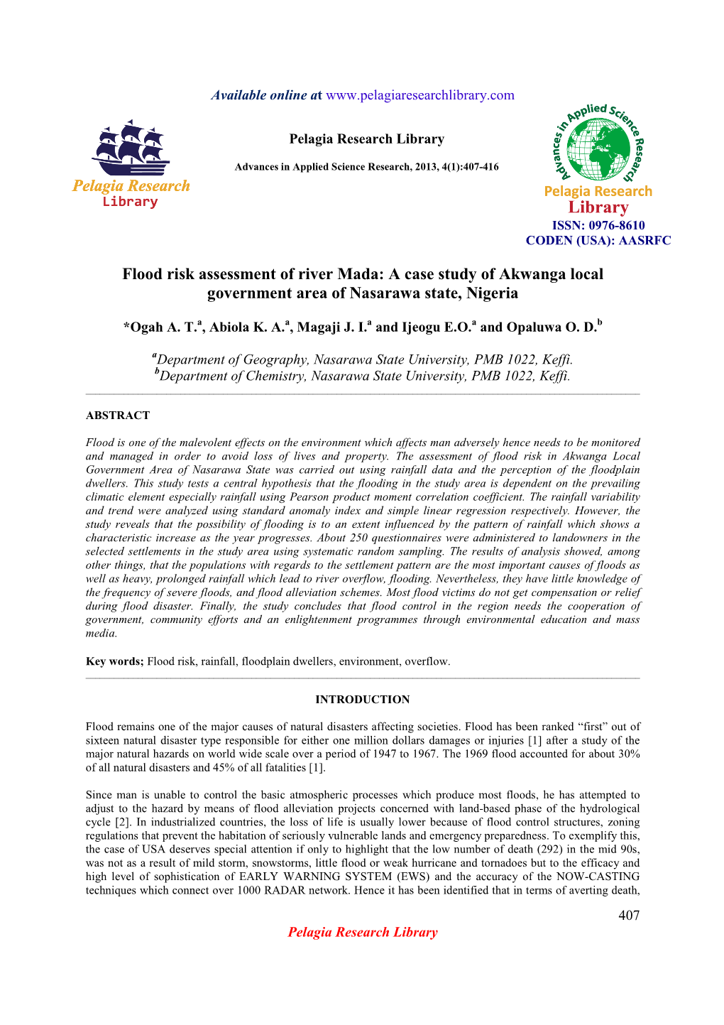 Flood Risk Assessment of River Mada: a Case Study of Akwanga Local Government Area of Nasarawa State, Nigeria