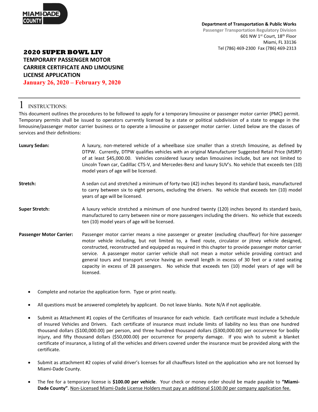 Super Bowl 2020 PMC and Limousine Temporary License Application.Pdf