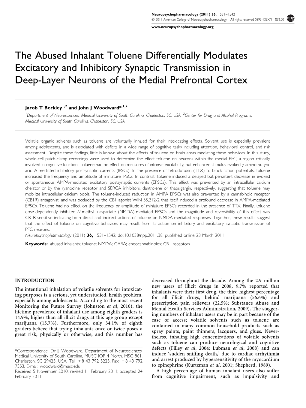 The Abused Inhalant Toluene Differentially Modulates Excitatory and Inhibitory Synaptic Transmission in Deep-Layer Neurons of the Medial Prefrontal Cortex