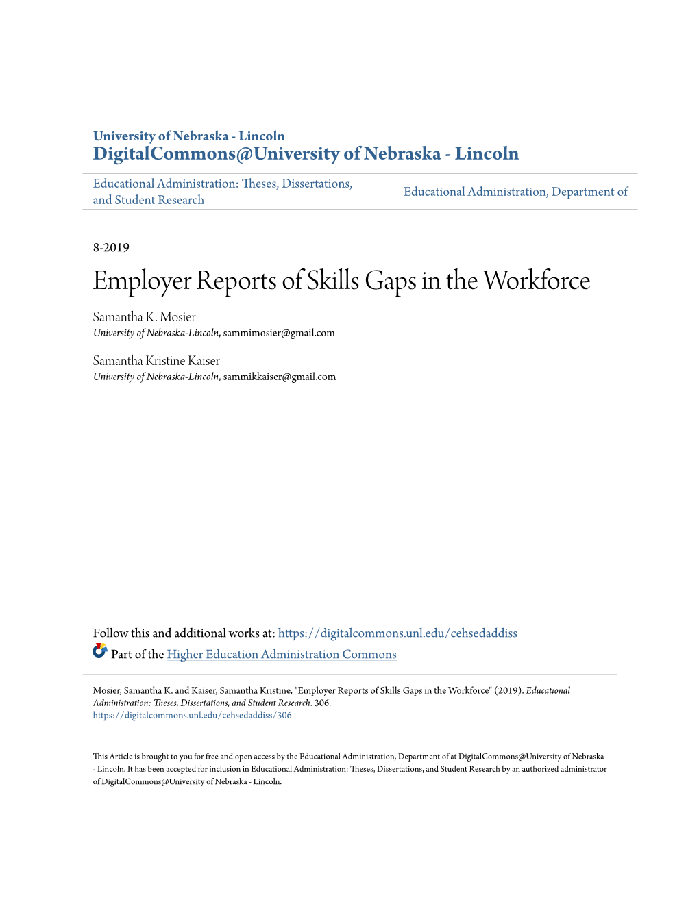 Employer Reports of Skills Gaps in the Workforce Samantha K