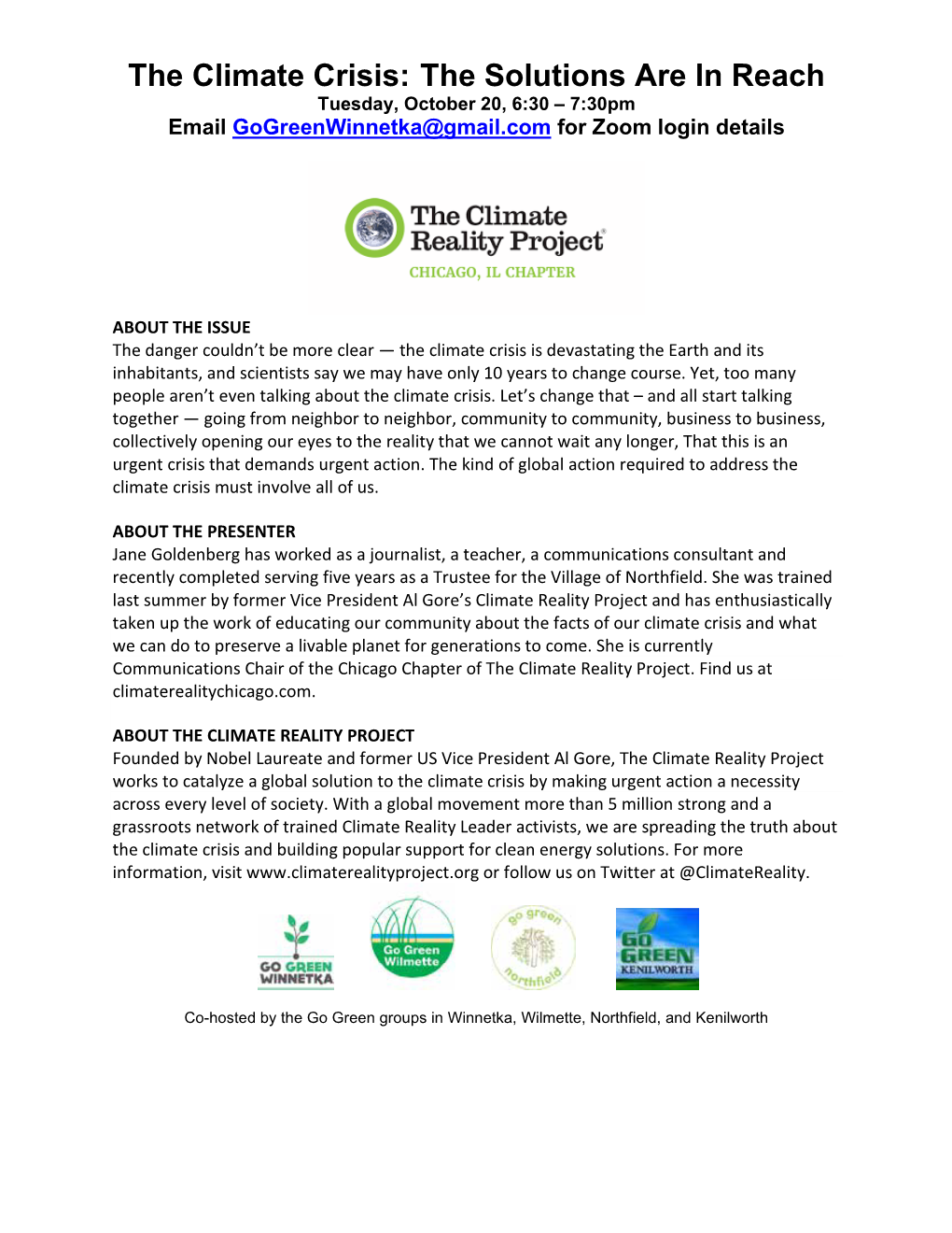 The Climate Crisis: the Solutions Are in Reach Tuesday, October 20, 6:30 – 7:30Pm Email Gogreenwinnetka@Gmail.Com for Zoom Login Details