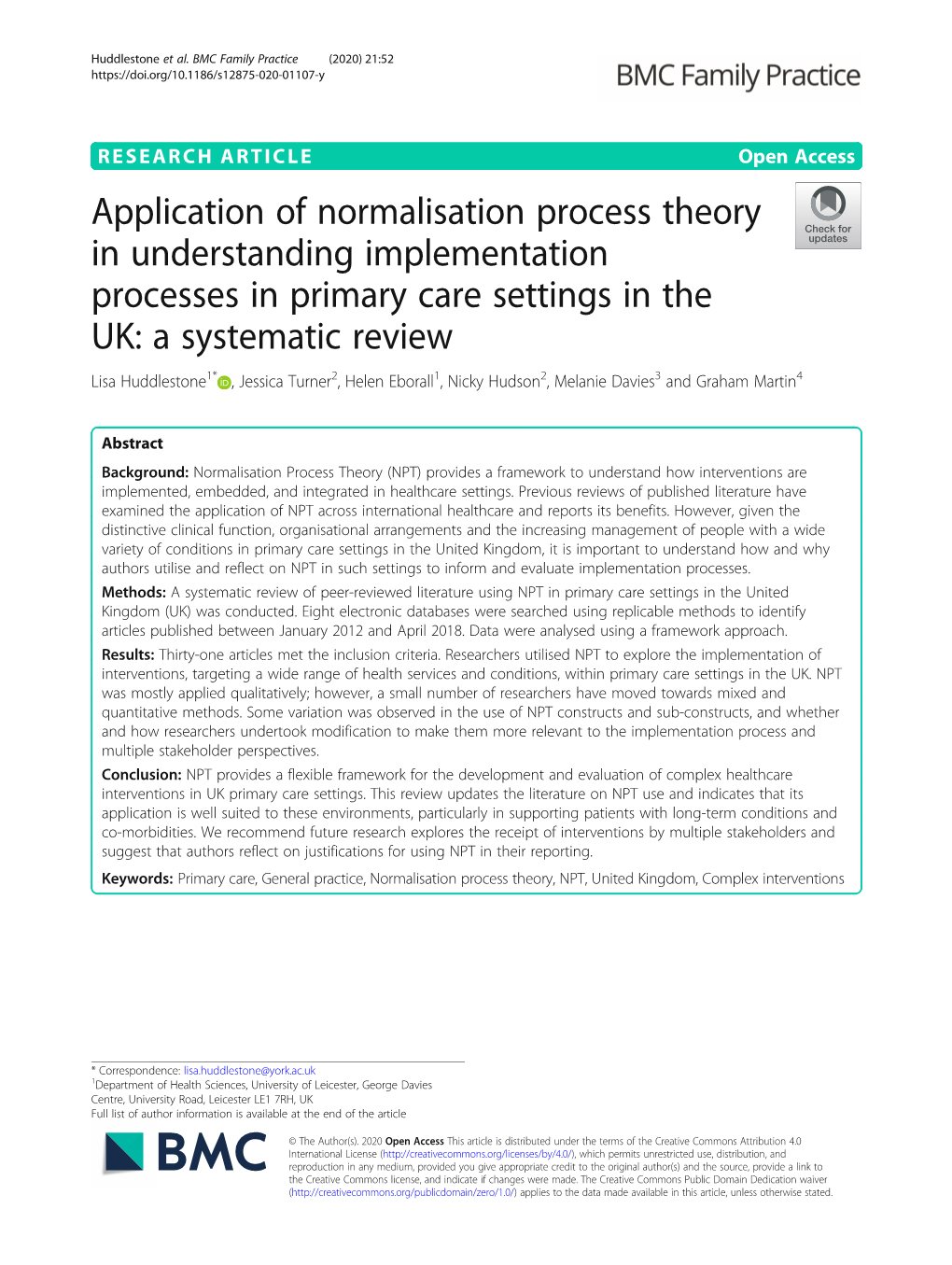 Application of Normalisation Process Theory in Understanding Implementation Processes in Primary Care Settings in the UK