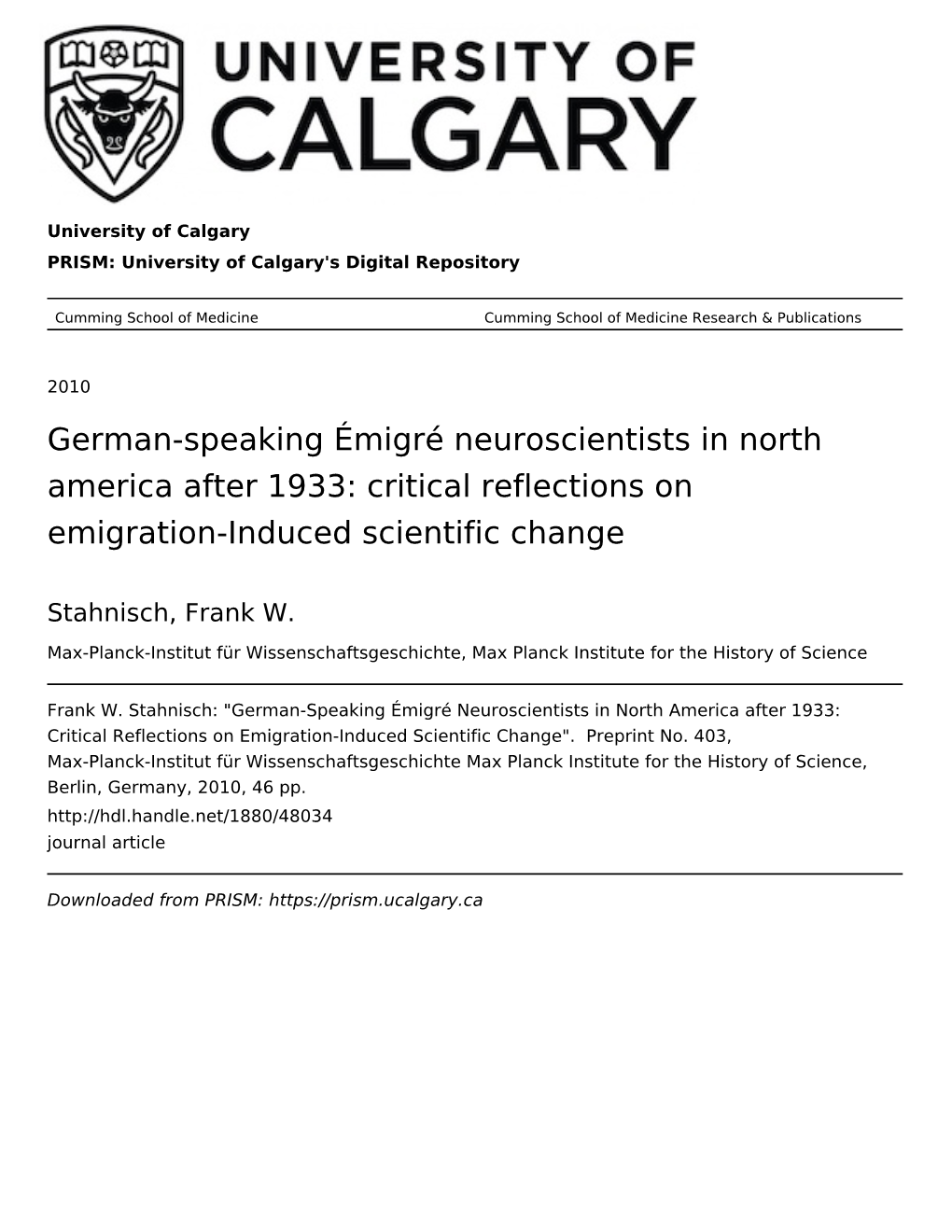 German-Speaking Émigré Neuroscientists in North America After 1933: Critical Reflections on Emigration-Induced Scientific Change