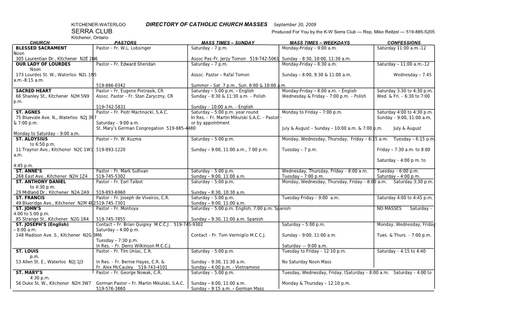 KITCHENER-WATERLOO DIRECTORY of CATHOLIC CHURCH MASSES September 30, 2009