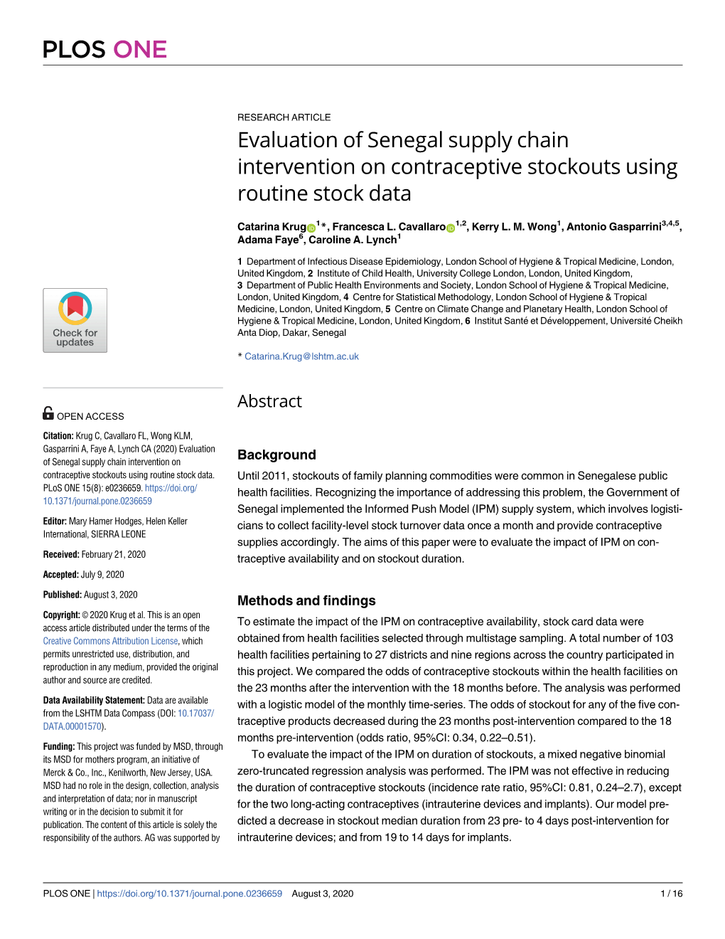 Evaluation of Senegal Supply Chain Intervention on Contraceptive Stockouts Using Routine Stock Data