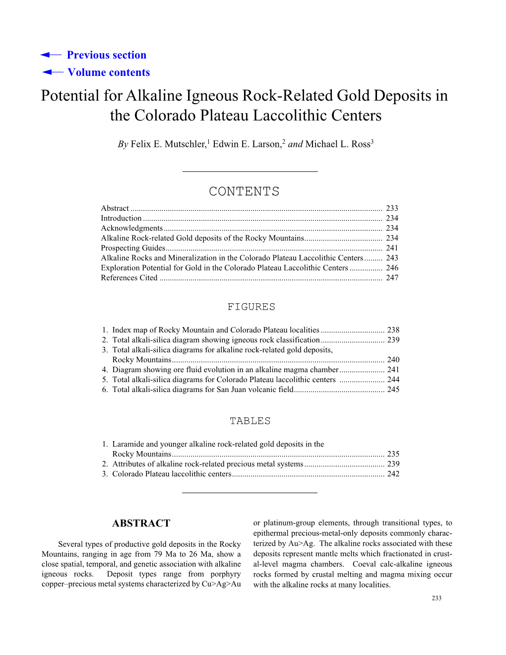 Potential for Alkaline Igneous Rock-Related Gold Deposits in the Colorado Plateau Laccolithic Centers