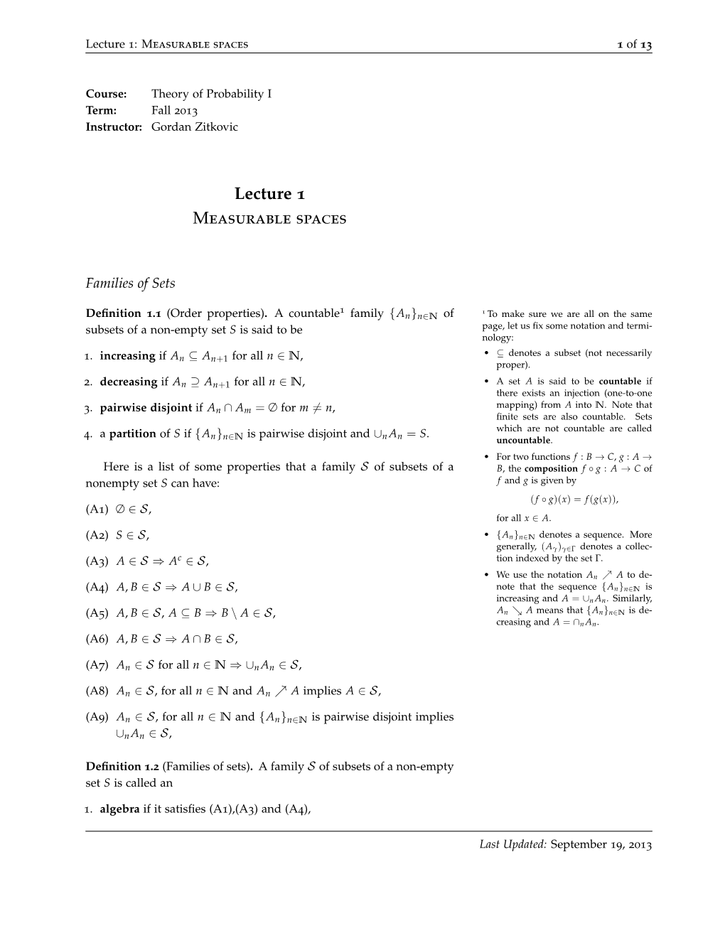 Lecture 1 Measurable Spaces